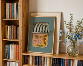 Pôster vintage francês de sardinha em tons de azul-petróleo para decoração de parede, estilo retrô, para imprimir. Arte de parede premium para amantes da gastronomia. Download digital.