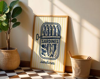 Yellow Stripe Sardine Print Navy Blue Wall Art Retro Fish Poster Sardine Fillets in Oil Kitchen Decor Eclectic Home Gift Digital Download