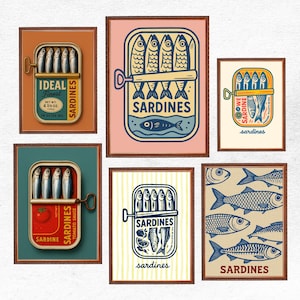 Sardines Art Print BUNDLE of 12 Retro Sardines Wall Art Fish Print Retro Kitchen print Kitchen Wall Art Fish Wall Art Sardine Digital Poster