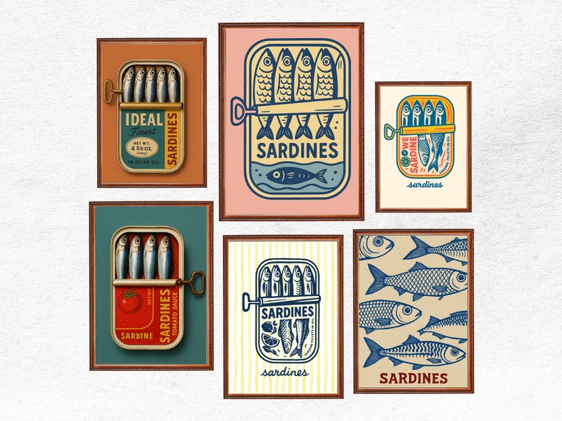 Sardines Art Print BUNDLE of 12 Retro Sardines Wall Art Fish Print Retro Kitchen print Kitchen Wall Art Fish Wall Art Sardine Digital Poster
