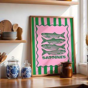 Sardine Wall Art Sardines Tin Fish Poster Colorful Kitchen Print Maximalist Home Decor Vintage Style Poster Retro Sardine Art