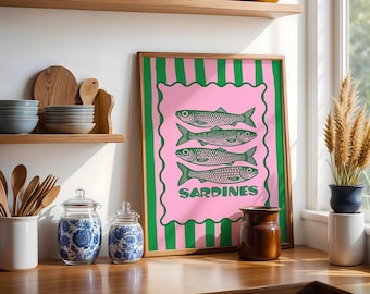 Sardinväggkonst Sardiner Plåtfiskposter Färgglad kökstryck Maximalistisk heminredning Vintagestilposter Retro Sardinkonst