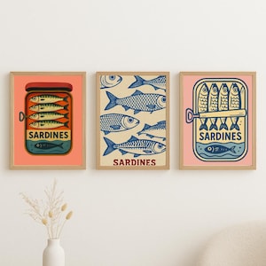 Sardines Art Print BUNDLE of 12 Retro Sardines Wall Art Fish Print Retro Kitchen print Kitchen Wall Art Fish Wall Art Sardine Digital Poster