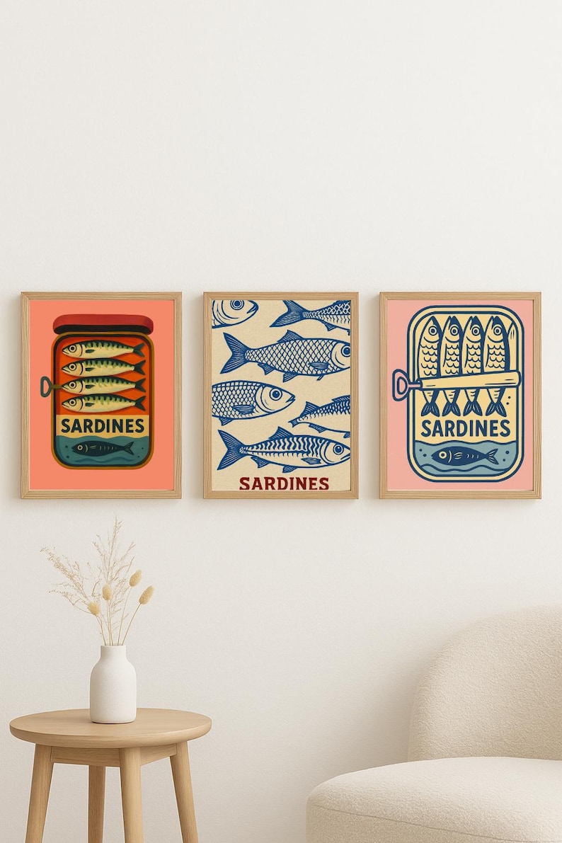 Sardines Art Print BUNDLE of 12 Retro Sardines Wall Art Fish Print Retro Kitchen print Kitchen Wall Art Fish Wall Art Sardine Digital Poster