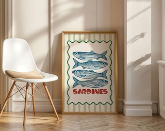 Tinned Sardine Painting Poster Gift for Dad Kitchen Poster Sardine Tin Art Retro Food Art Vintage Poster Eclectic Colorful Maximalist Poster