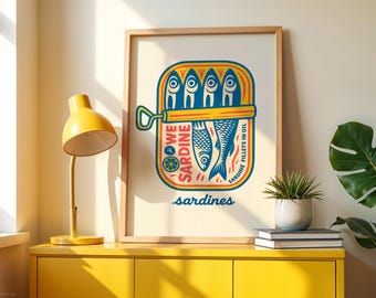 Sardines Print Retro Cartoon Fish Art Housewarming Gift New Home Decor Gift for Her Kitchen Wall Art Tattoo Style Digital Download Print