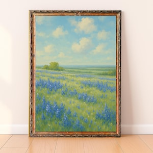 Bluebonnet Field Painting Download, Blue Bonnet Flower Digital Print, Printable Wall Art, Vintage Rustic Antique Farmhouse Texas Decor