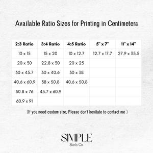 Scandinavian-style fish print for seaside kitchen or nautical dining room, perfect home printable wall art gift.
May include: A white table with a black grid showing available ratio sizes for printing in centimeters. The table has five columns labeled 2:3 Ratio, 3:4 Ratio, 4:5 Ratio, 5' x 7', and 11' x 14'. Each column lists different size options in centimeters. The text at the bottom of the table reads '(If you need custom size, Please don't hesitate to contact me)' and 'SIMPLE Starts Co.'
