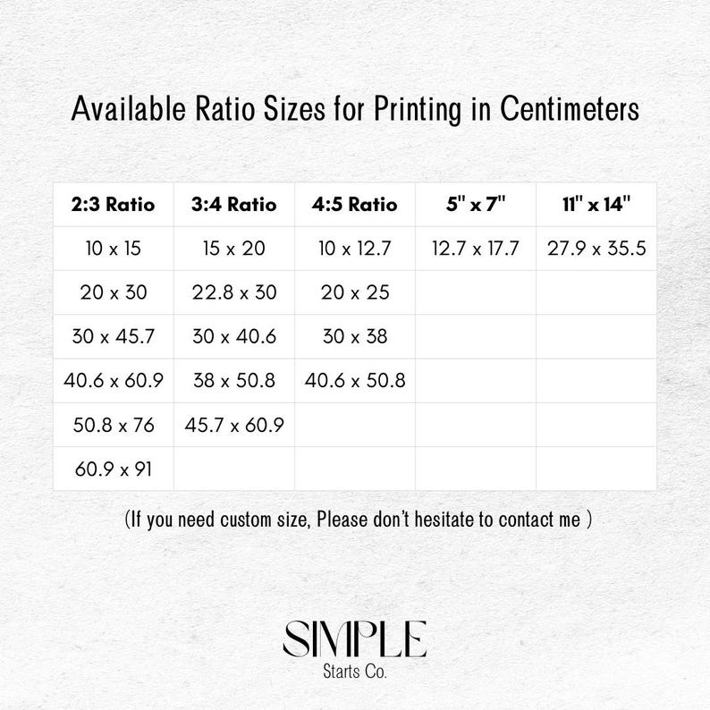 Scandinavian-style fish print for seaside kitchen or nautical dining room, perfect home printable wall art gift.
May include: A white table with a black grid showing available ratio sizes for printing in centimeters. The table has five columns labeled 2:3 Ratio, 3:4 Ratio, 4:5 Ratio, 5' x 7', and 11' x 14'. Each column lists different size options in centimeters. The text at the bottom of the table reads '(If you need custom size, Please don't hesitate to contact me)' and 'SIMPLE Starts Co.'