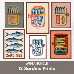 Sardines Art Print BUNDLE of 12 Retro Sardines Wall Art Fish Print Retro Kitchen print Kitchen Wall Art Fish Wall Art Sardine Digital Poster