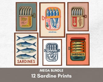 Konsttryck med sardiner PAKET med 12 retro väggkonst med sardiner Fisktryck Retro kökstryck Köksväggkonst Fiskväggkonst Sardiner Digital poster