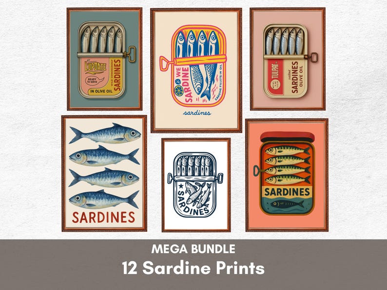 Sardines Art Print BUNDLE of 12 Retro Sardines Wall Art Fish Print Retro Kitchen print Kitchen Wall Art Fish Wall Art Sardine Digital Poster