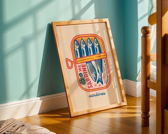 Summer Kitchen Wall Art Print Lemon Citrus Sardine Poster Fun Food Art Coastal Beach Print Bright Bold Home Decor Digital Download