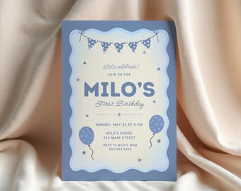 Polka Dot Bunting Boy First Birthday Invitation Template Editable 1st Birthday Party Invite Blue Balloon Wavy Border Printable Download