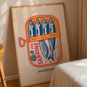 Lámina decorativa de sardinas para pared, decoración costera para cocina, regalo para inauguración de casa, lámina oceánica, arte retro de lata de pescado, decoración para baño, descarga digital, regalo para el hogar