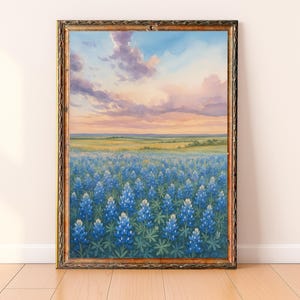 Bluebonnet Field Painting Download, Blue Bonnet Flower Digital Print, Printable Wall Art, Vintage Rustic Antique Farmhouse Texas Decor