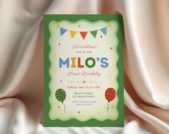 Boy First Birthday Invitation Template Editable Bunting Balloon 1st Birthday Party Invite Green Wavy Border Confetti Printable Download