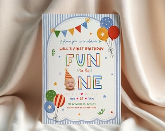 Fun To Be One Boy Photo First Birthday Invitation Template Editable Blue Stripe 1st Birthday Party Invite Balloon Bunting Printable Download