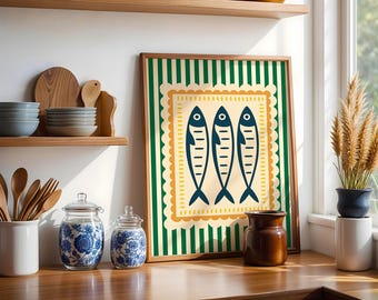 Retro sardiner kökstavla: Väggkonst med kustfisk (digital nedladdning)