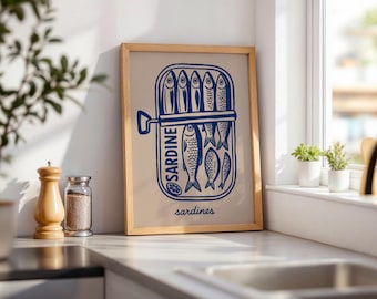 Tinned Sardines Digital Art Print Blue Beige Wall Art Boho Kitchen Decor Retro Fish Illustration Neutral Home Print Housewarming Download