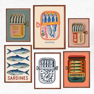 Sardines Art Print BUNDLE of 12 Retro Sardines Wall Art Fish Print Retro Kitchen print Kitchen Wall Art Fish Wall Art Sardine Digital Poster