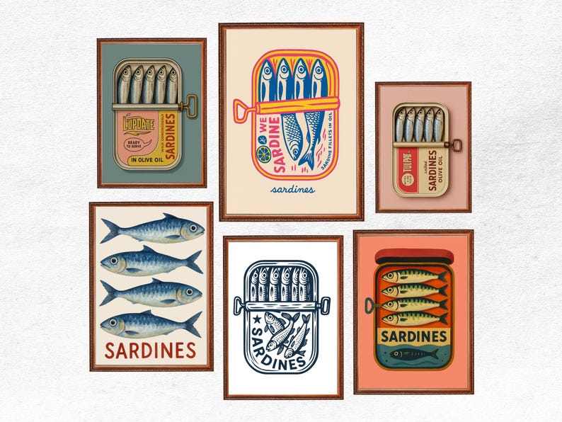 Sardines Art Print BUNDLE of 12 Retro Sardines Wall Art Fish Print Retro Kitchen print Kitchen Wall Art Fish Wall Art Sardine Digital Poster