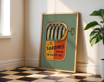 Sage Green Sardine Tin Art Print Vintage Poster Retro Food Art Mediterranean Kitchen Decor Tropical Fish Print Eclectic Wall Art Download