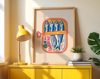 Sardine Art Print, Quirky Wall Decor, Kitchen Wall Art, Seafood Lover Gift, Retro Food Poster, Fun Home Decor
