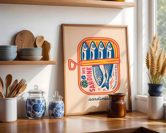 Tinned Sardine Painting Poster Gift for Dad Kitchen Poster Sardine Tin Art Retro Food Art Vintage Poster Eclectic Colorful Maximalist Poster