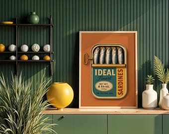 Arte de parede para cozinha gourmet, pôster de comida gourmet com lata de sardinha, decoração para chef, presente para amantes da gastronomia, arte retrô, download digital, presente para casa.