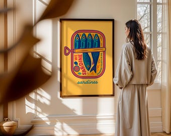 Sardines Art Print Bathroom Decor Ocean Theme Gift Coastal Home Wall Art Retro Fish Print Housewarming Mustard Yellow Digital Download