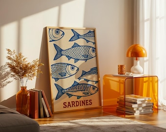 Coastal Kitchen Wall Art Print Retro Sardines Poster Beach House Decor Ocean Cottage Art Nautical Fish Print Housewarming Gift Download