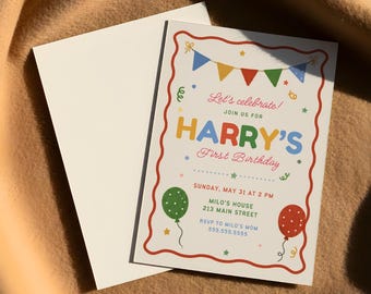 Cream Vintage Boy First Birthday Invitation Template Editable Bunting Balloon 1st Birthday Party Invite Confetti Printable Download