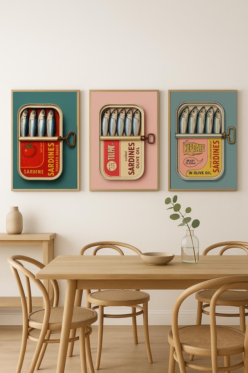 Sardines Art Print BUNDLE of 12 Retro Sardines Wall Art Fish Print Retro Kitchen print Kitchen Wall Art Fish Wall Art Sardine Digital Poster