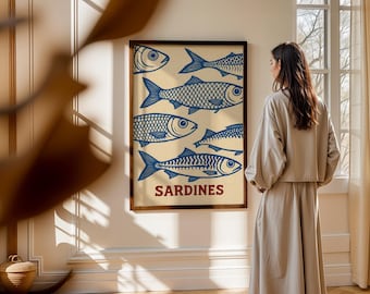 Navy Blue Fish Art Print Sardines Poster Vintage Natural History Nautical Wall Art Fisherman Gift Boho Coastal Decor Digital Download