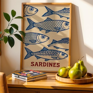 Lámina decorativa de sardinas retro para pared, decoración vintage para cocina, póster de peces, lámina de sardinas en lata para pared, lámina de mariscos, regalo retro para la cocina, descarga digital