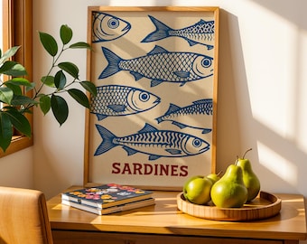 Retro sardiner väggkonsttryck Vintage köksdekoration fiskaffisch sardiner plåtväggkonst skaldjurstryck retro köksgåva digital nedladdning