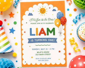 Orange Sun Boy First Birthday Invitation Template Editable Its Fun to Be One 1st Birthday Party Invite Scallop Balloon Printable Download