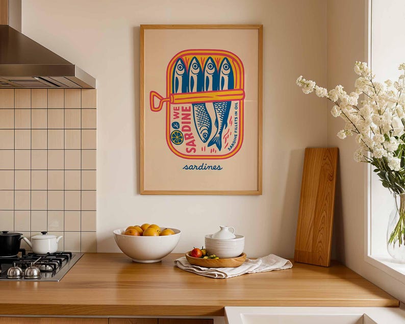Tinned Sardine Painting Poster Gift for Dad Kitchen Poster Sardine Tin Art Retro Food Art Vintage Poster Eclectic Colorful Maximalist Poster image 2