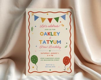 Twins First Birthday Invitation Template Editable Colorful Boy Girl 1st Birthday Party Invite Bunting Balloon Printable Download