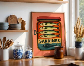 Lámina decorativa de sardinas rosas para pared, regalo para ella, estilo maximalista Y2K, póster retro de peces, arte atrevido para la cocina, descarga digital.