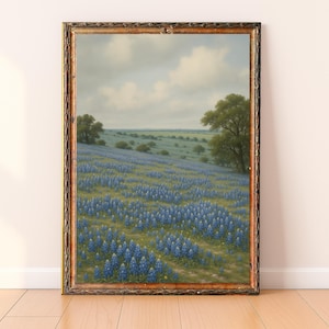 Bluebonnet Field Painting Download, Blue Bonnet Flower Digital Print, Printable Wall Art, Vintage Rustic Antique Farmhouse Texas Decor