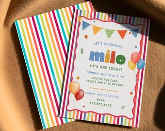 Rainbow Stripe First Birthday Invitation Template Editable Boy 1st Birthday Party Invite Colorful Balloon Bunting Printable Download