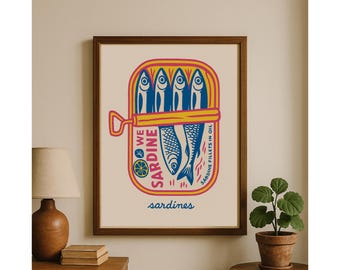 Lámina decorativa de pared con diseño de sardinas costeras, regalo original de peces tropicales, decoración ecléctica para el hogar, póster retro para la cocina, descarga digital, regalo para ella.