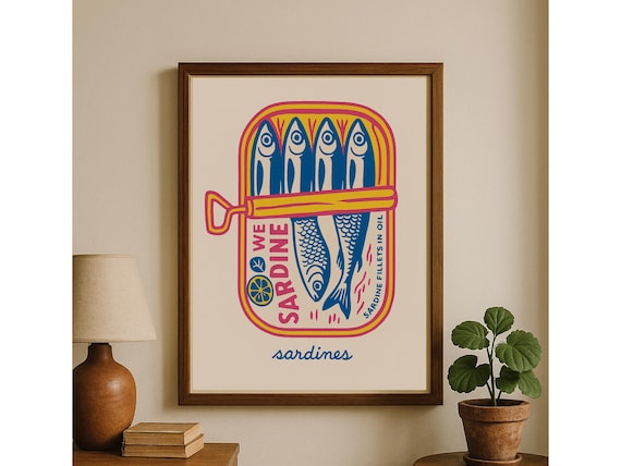 Coastal Fish Sardine Wall Art Print Tropical Fish Gift Quirky Eclectic Home Decor Retro Kitchen Poster Digital Download Gift for Her