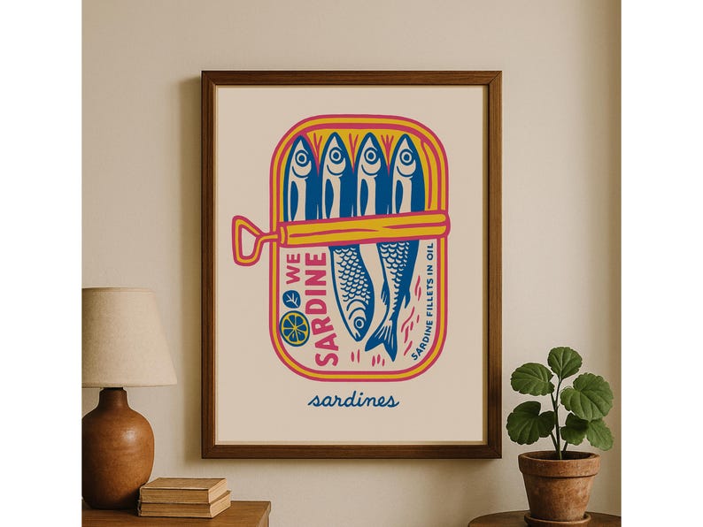 Sardine Wall Art Print Tropical Fish Gift Quirky 

Sardines Art Print, Retro Sardines Wall Art, Fish Print, Retro Kitchen print, Kitchen Wall Art, Fish Wall Art, Digital Print, Sardine Poster