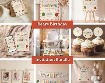 Boy First Birthday Party Bundle Template Editable Retro Colorful 1st Birthday Invitation Cupcake Topper Banner Printable Instant Download