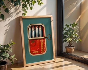 Sardine Art Print Tomato Sauce Retro Food Poster Red Kitchen Wall Art Italian Decor Sardines Painting Canvas Gift Digital Download