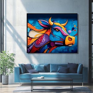 Colorful Cow Street Art Poster – Bold Graffiti Artwork | Vibrant Cow Head Mural | Instant Download.