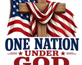 May include: A wooden cross draped with an American flag, featuring the text ONE NATION UNDER GOD, 250 YEARS, and the dates 1776-2026. The design uses bold blue and red lettering with stars and horizontal lines as decorative accents on a white background.